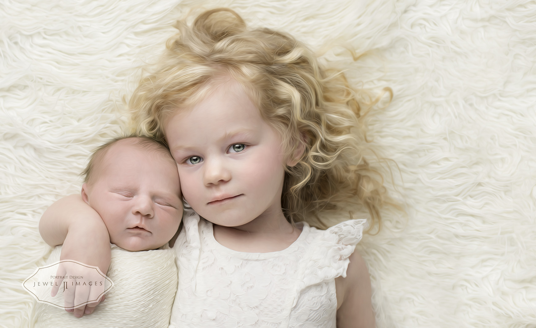 This image of sister and new baby sister was custom painted, perfection. | Jewel Images Bend, Oregon Newborn Photographer www.jewel-images.com #newborn #photography #newbornphotographer #jewelimages